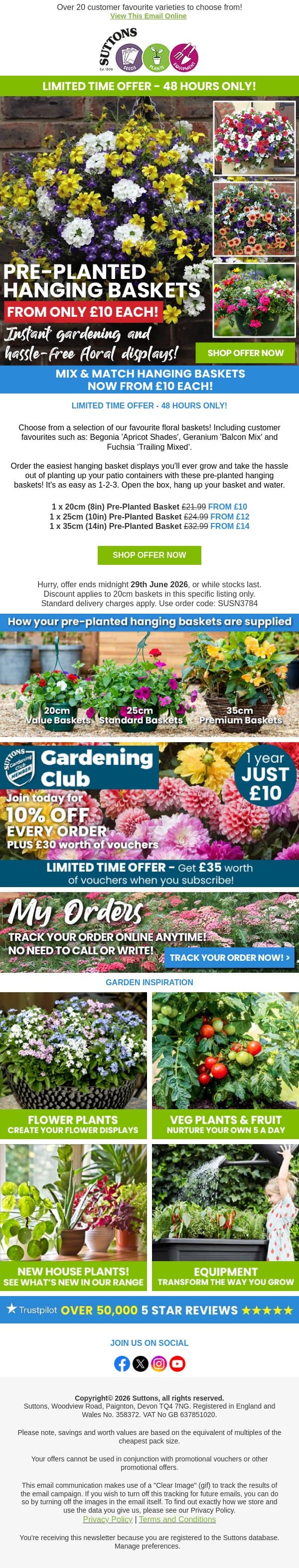 ALL Pre-Planted Hanging Baskets from ONLY £10 EACH! email from Suttons Seeds screenshot