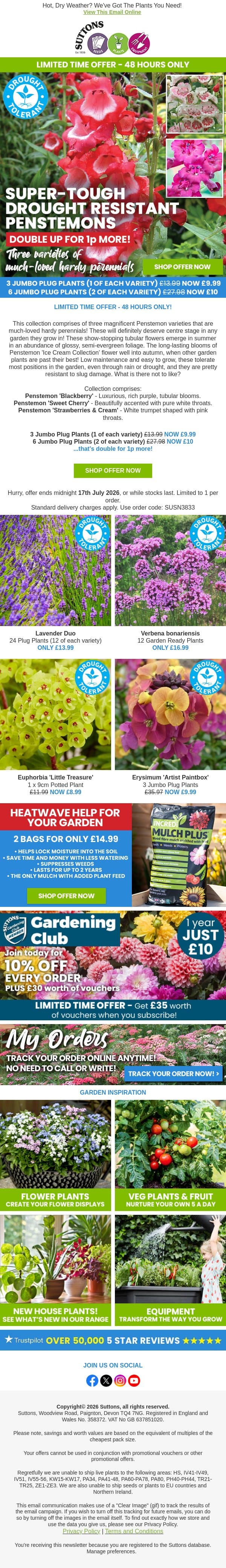 Drought-Tolerant Plants, Double for Just 1p More! email from Suttons Seeds screenshot