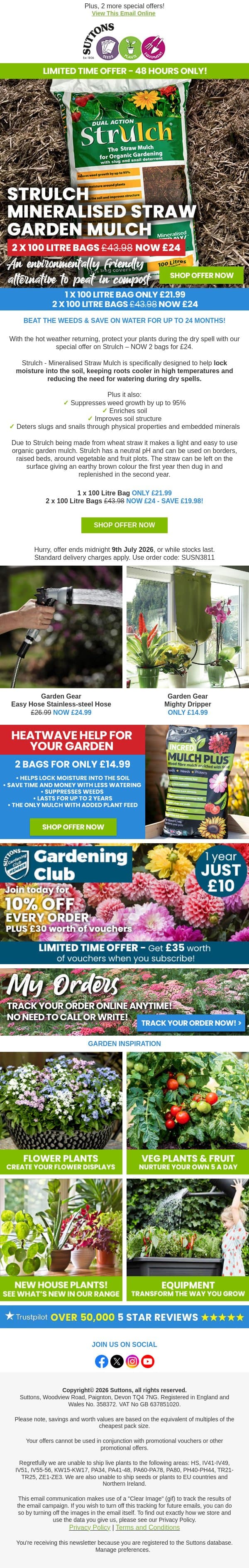 Heatwave Help For Your Garden – Strulch Offer Inside email from Suttons Seeds screenshot