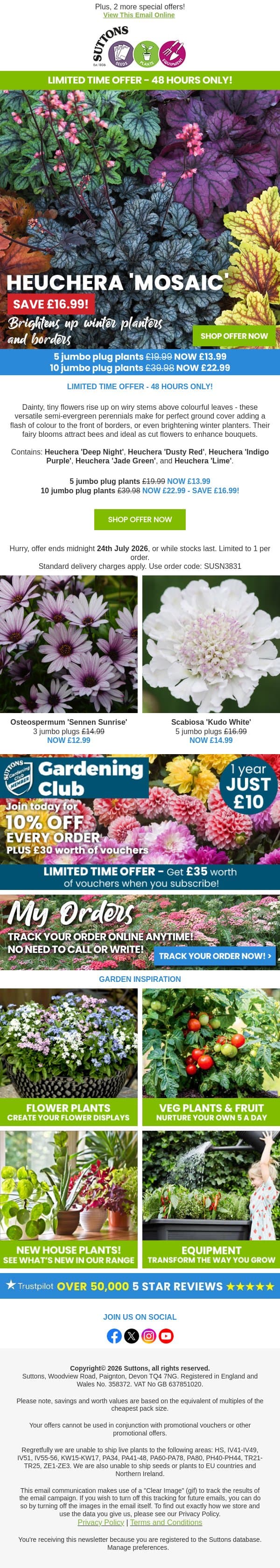 Save 40% on Heuchera Mosaic Mixed email from Suttons Seeds screenshot