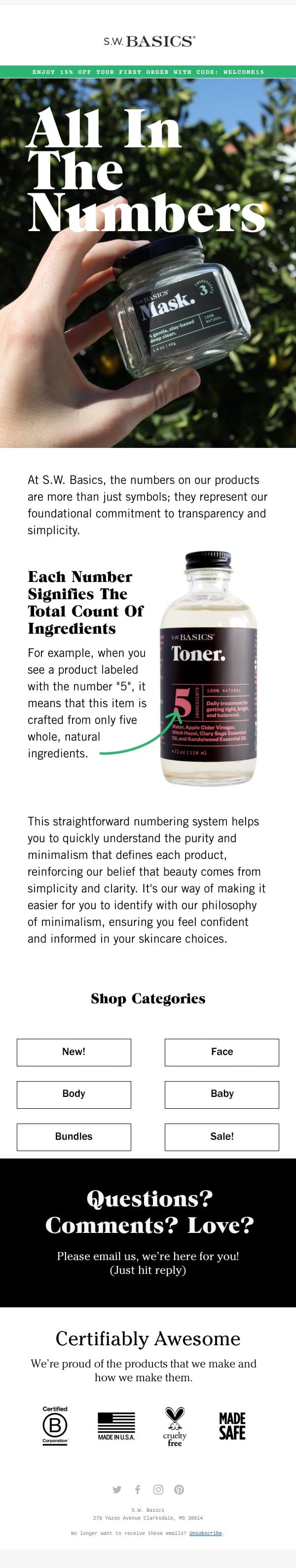 The Numbers Explained email from S.W. Basics screenshot