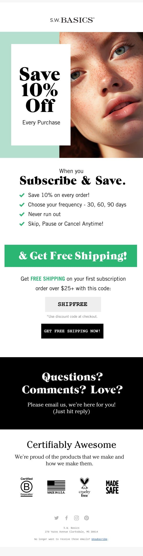 Subscribe & Save email from S.W. Basics screenshot