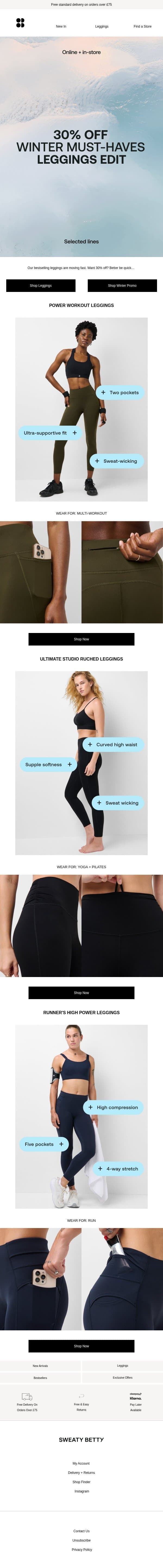 Leggings now 30% off email from Sweaty Betty screenshot