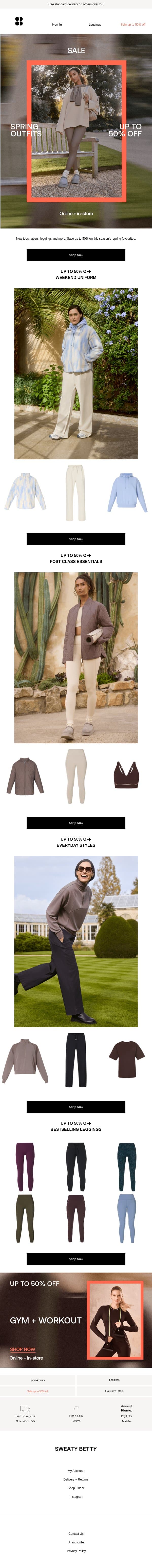 Up to 50% off your spring wardrobe 🌷 email from Sweaty Betty screenshot