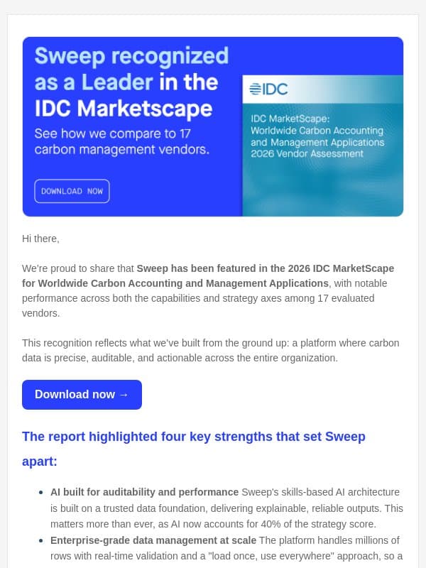Sweep named a leader in IDC MarketScape 2026 email from Sweep