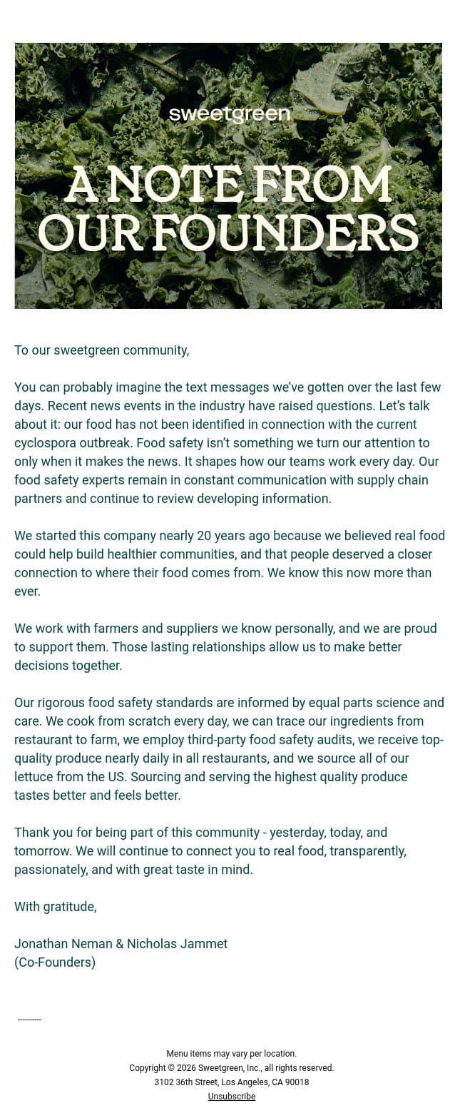 Keeping it real: a note on lettuce email from Sweetgreen screenshot