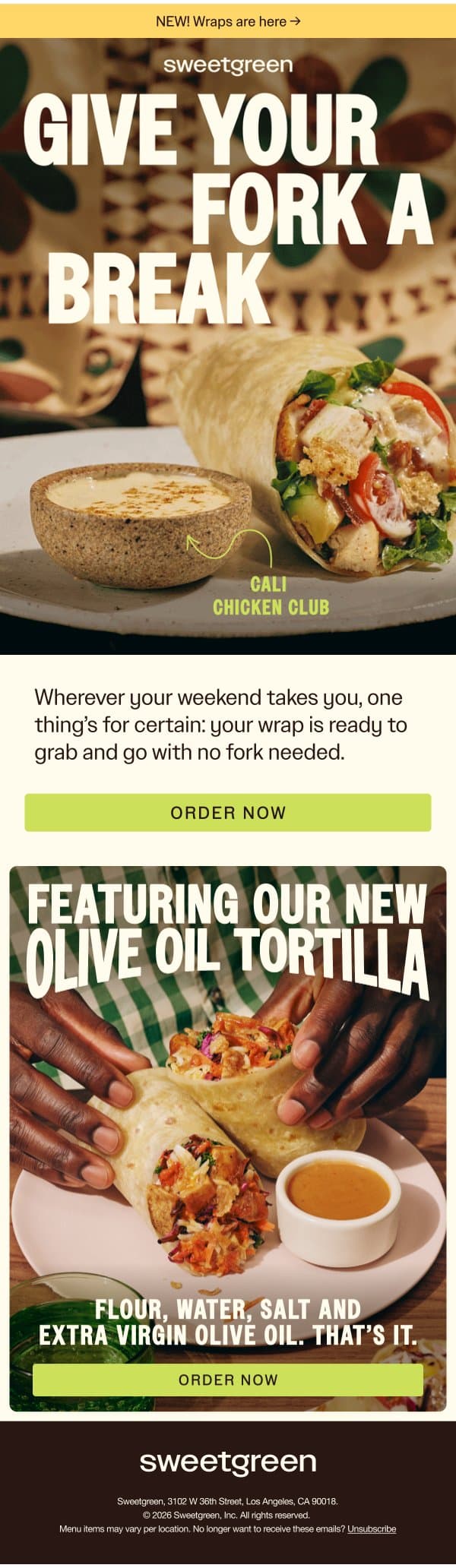 No forks needed: wraps are here email from Sweetgreen screenshot