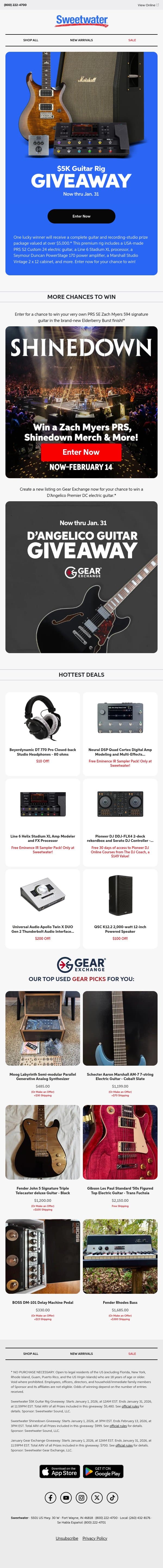 Enter Now! January Gear Giveaway πΈ email from Sweetwater Sound screenshot