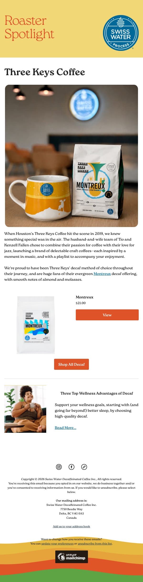 Spotlight on Three Keys Coffee email from Swiss Water Decaf screenshot