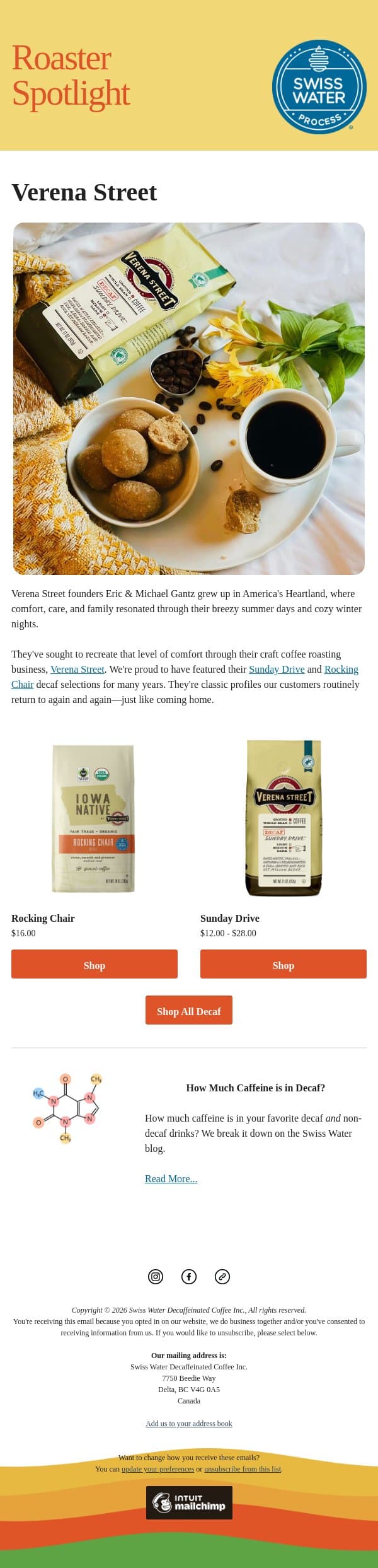 Spotlight on Verena Street email from Swiss Water Decaf screenshot