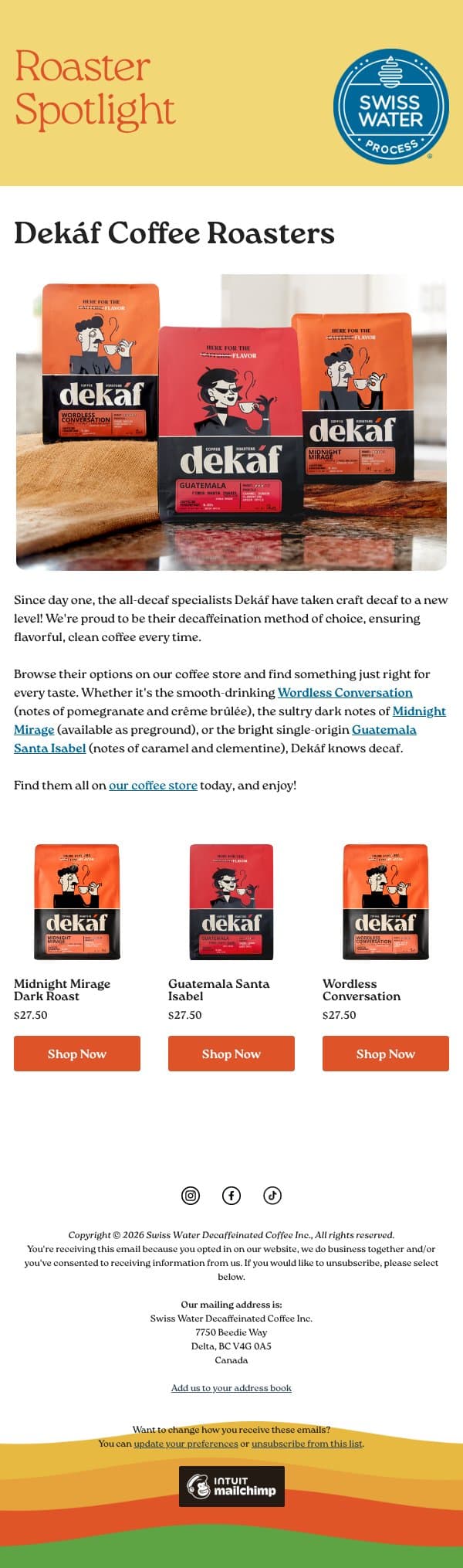 Spotlight on Dekáf Coffee Roasters email from Swiss Water Decaf screenshot