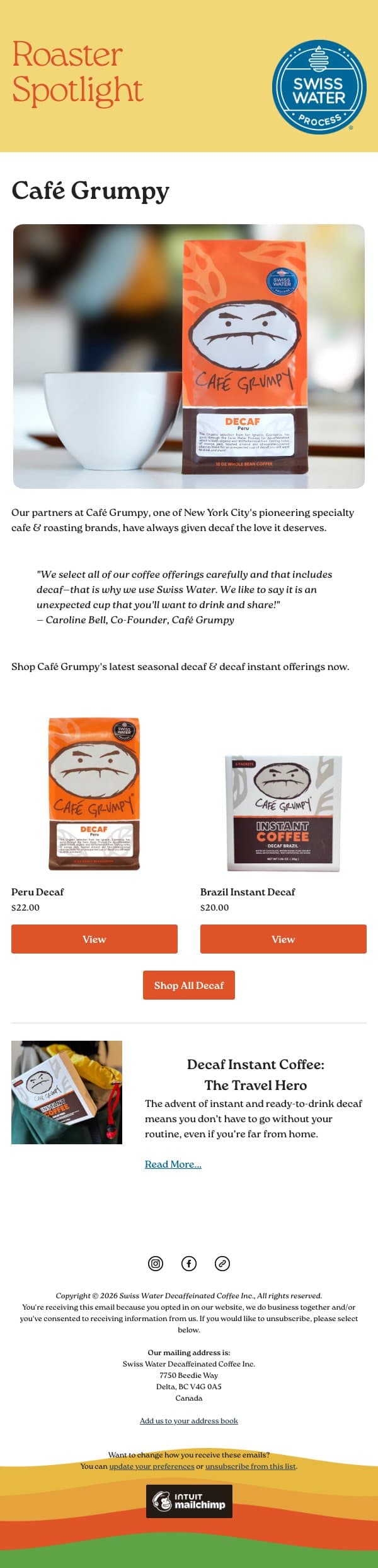 Spotlight on Café Grumpy email from Swiss Water Decaf screenshot