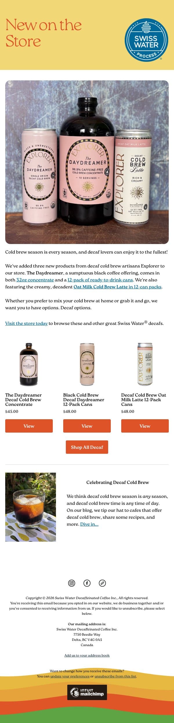 Explorer Cold Brew now on the store email from Swiss Water Decaf screenshot