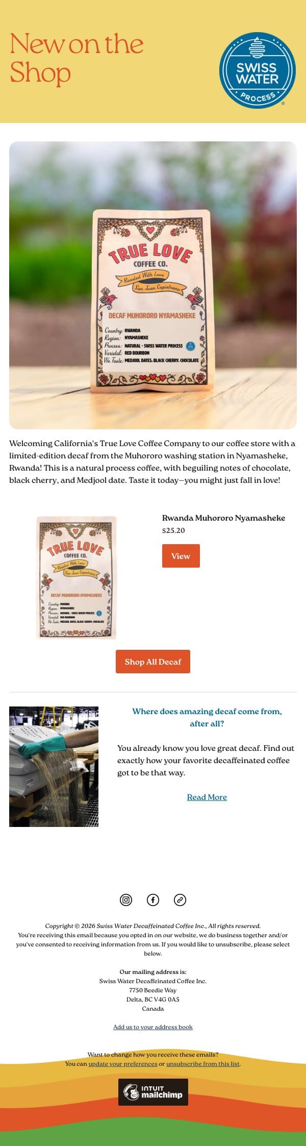 Now serving True Love Coffee email from Swiss Water Decaf screenshot