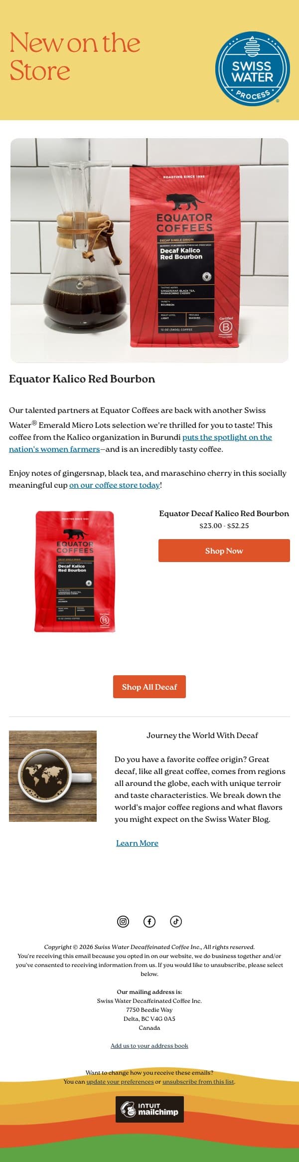 New from Equator: Kalico Red Bourbon email from Swiss Water Decaf screenshot