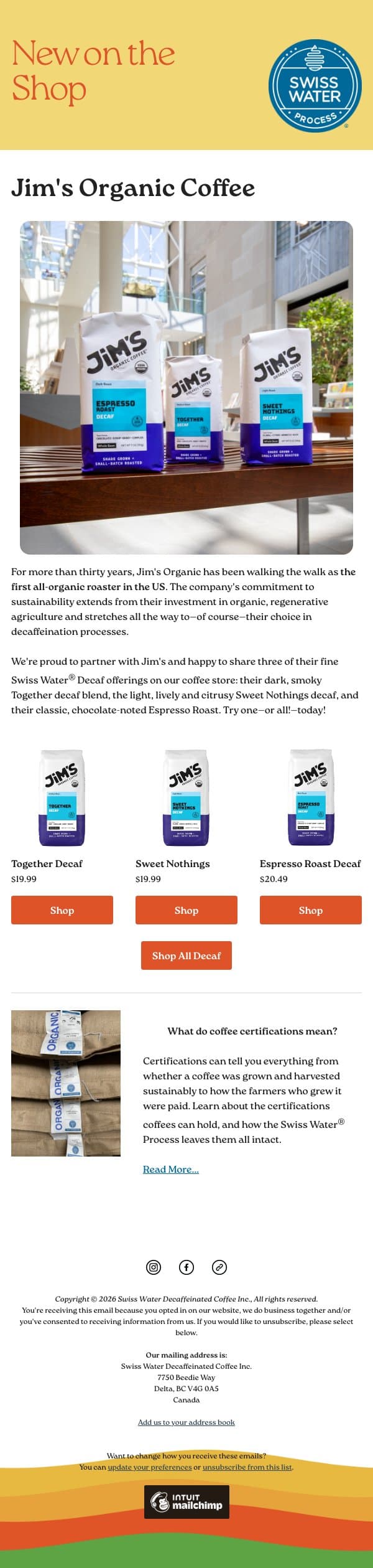 Now Serving Jim's Organic Decaf email from Swiss Water Decaf screenshot
