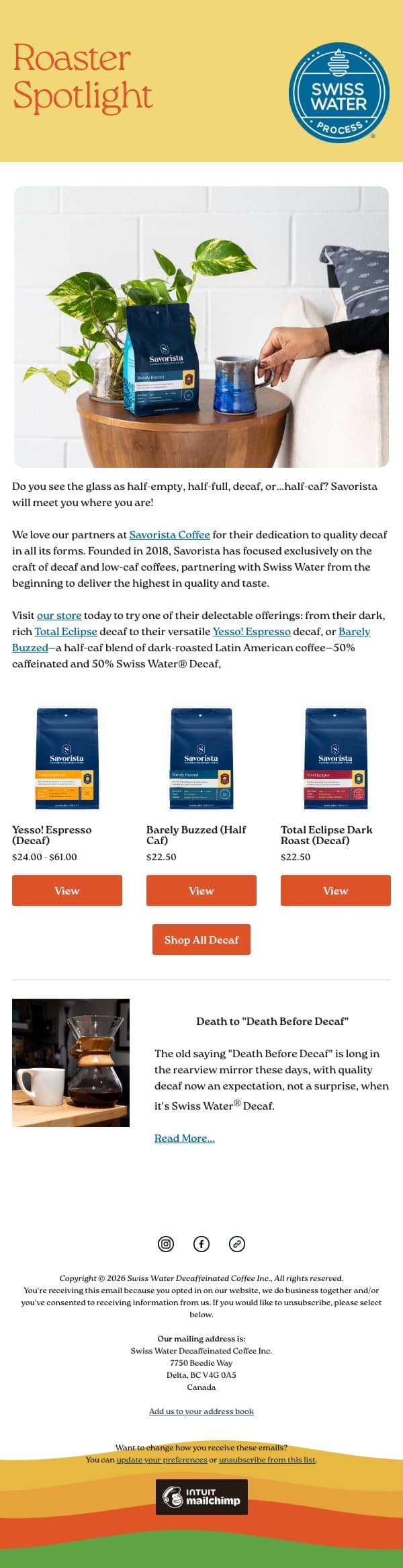 Spotlight on Savorista email from Swiss Water Decaf screenshot