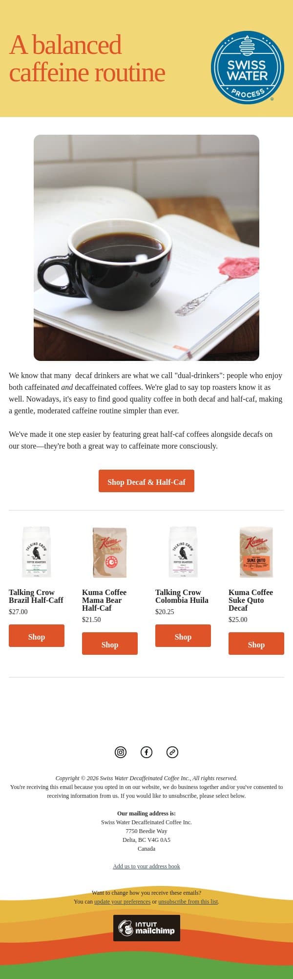 A balanced routine with decaf and half-caf email from Swiss Water Decaf screenshot