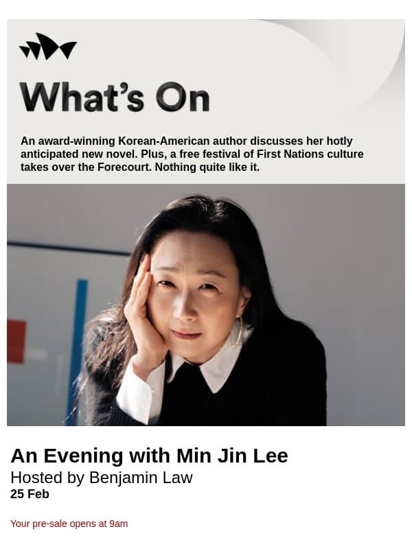 What's On: Min Jin Lee, DanceRites and Blacktown Shorts Film Festival email from Sydney Opera House
