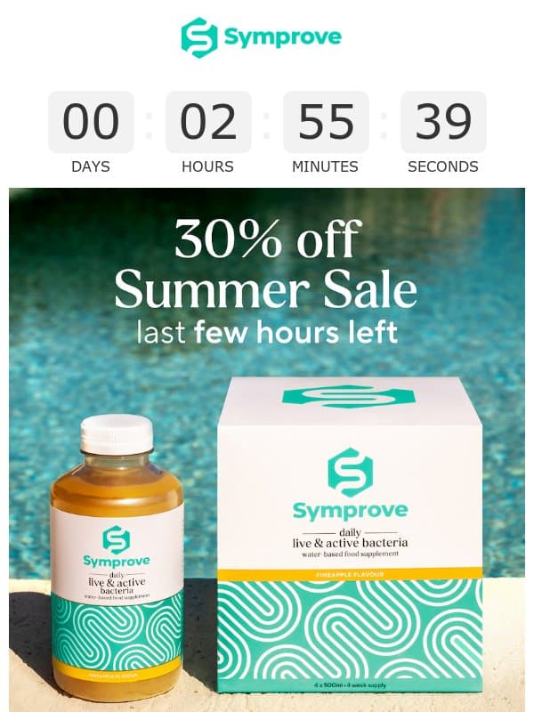 Final hours: 30% off + free gifts email from Symprove