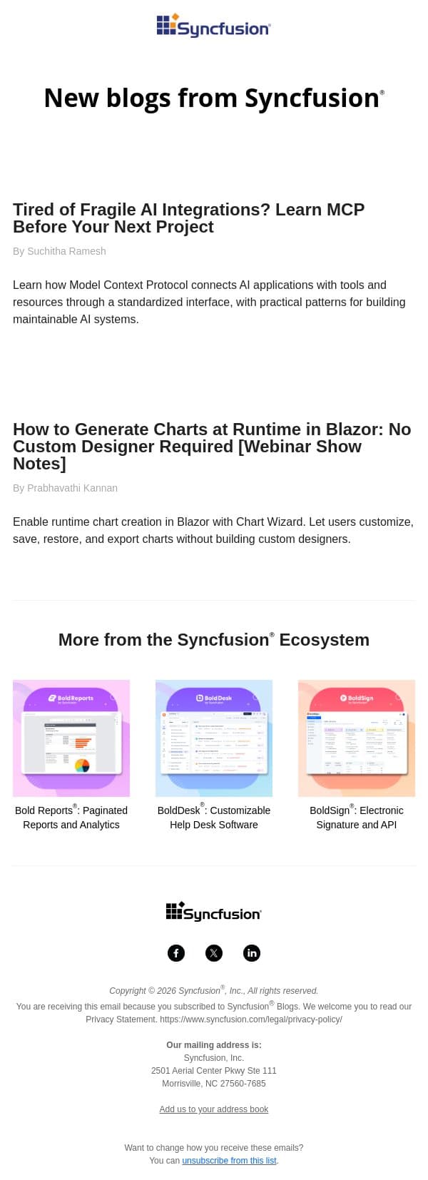 Post from Syncfusion Blogs on 09/02/2026 email from Syncfusion screenshot