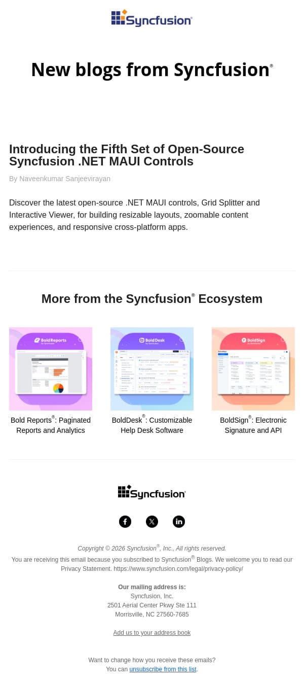 Post from Syncfusion Blogs on 09/09/2026 email from Syncfusion screenshot