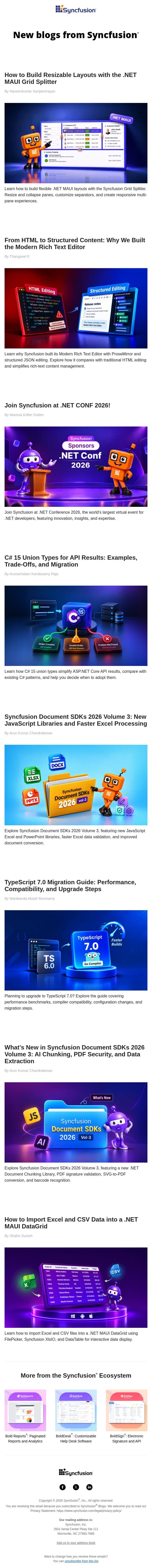 Post from Syncfusion Blogs on 10/28/2026 email from Syncfusion screenshot