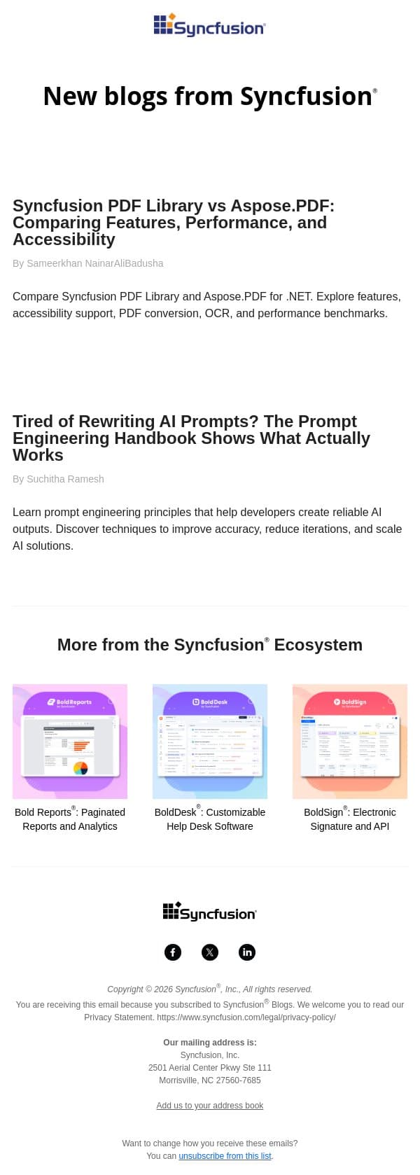 Post from Syncfusion Blogs on 08/22/2026 email from Syncfusion screenshot