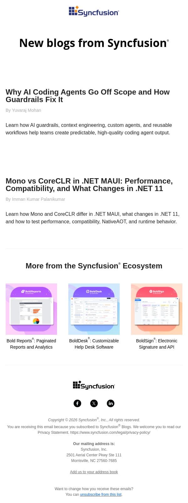 Post from Syncfusion Blogs on 09/08/2026 email from Syncfusion screenshot