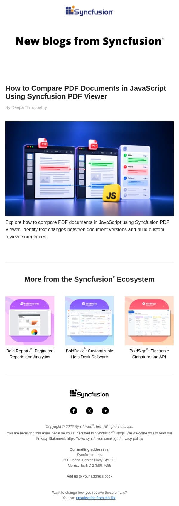 Post from Syncfusion Blogs on 10/31/2026 email from Syncfusion screenshot