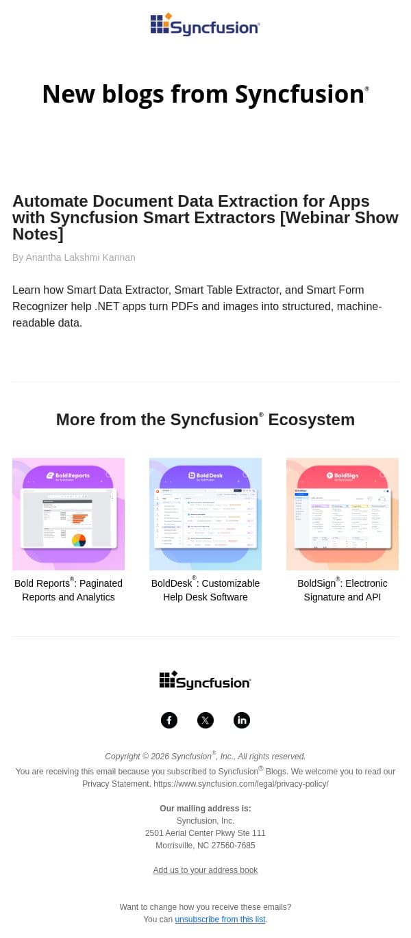 Post from Syncfusion Blogs on 09/10/2026 email from Syncfusion screenshot