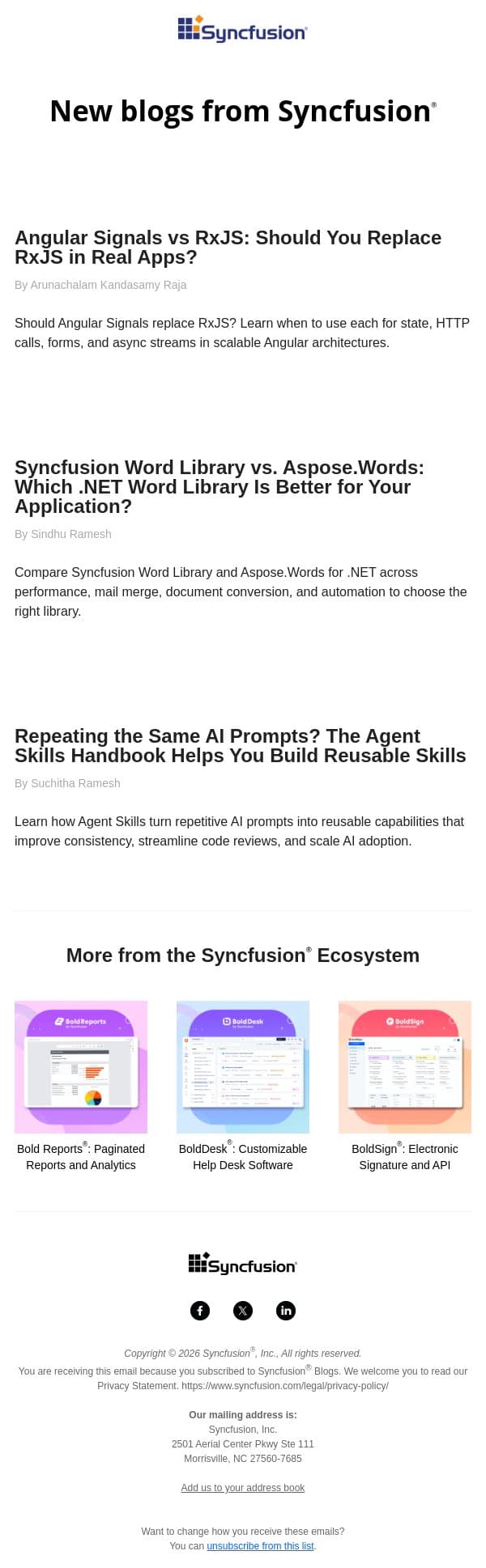 Post from Syncfusion Blogs on 08/27/2026 email from Syncfusion screenshot