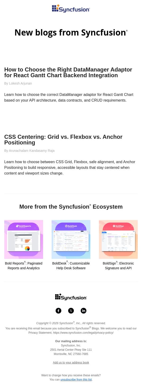 Post from Syncfusion Blogs on 09/05/2026 email from Syncfusion screenshot
