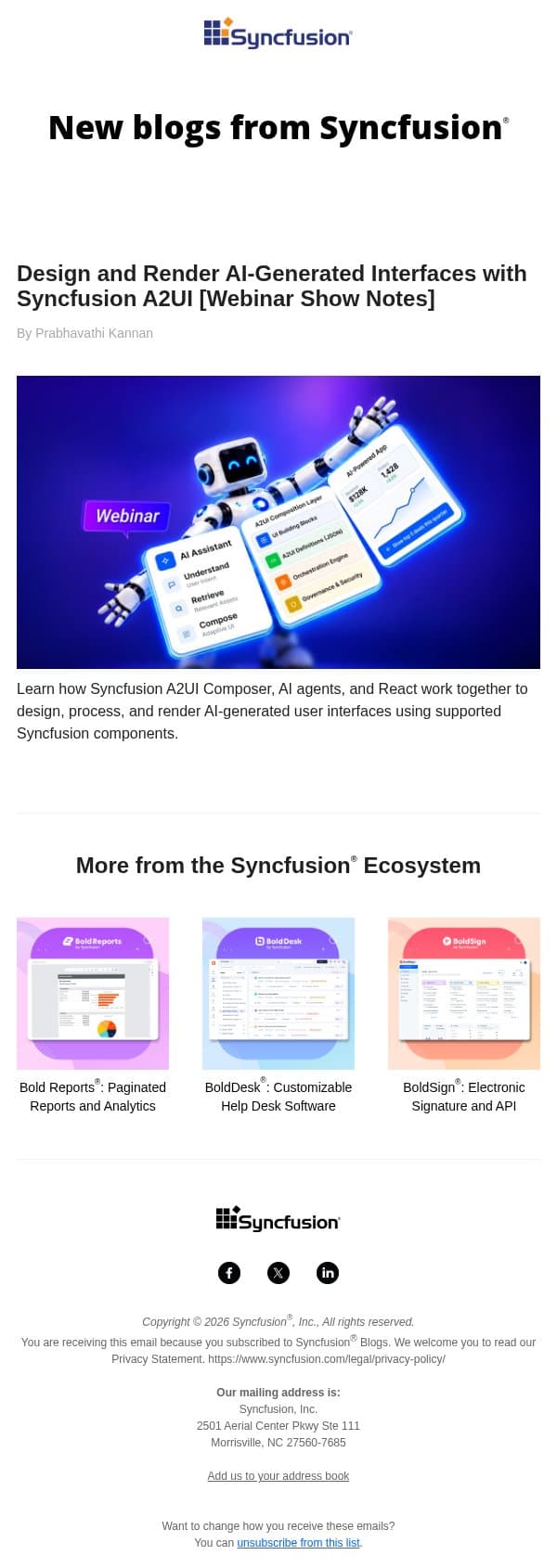 Post from Syncfusion Blogs on 10/29/2026 email from Syncfusion screenshot