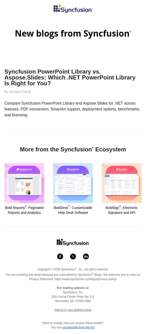 Post from Syncfusion Blogs on 08/29/2026 email from Syncfusion screenshot