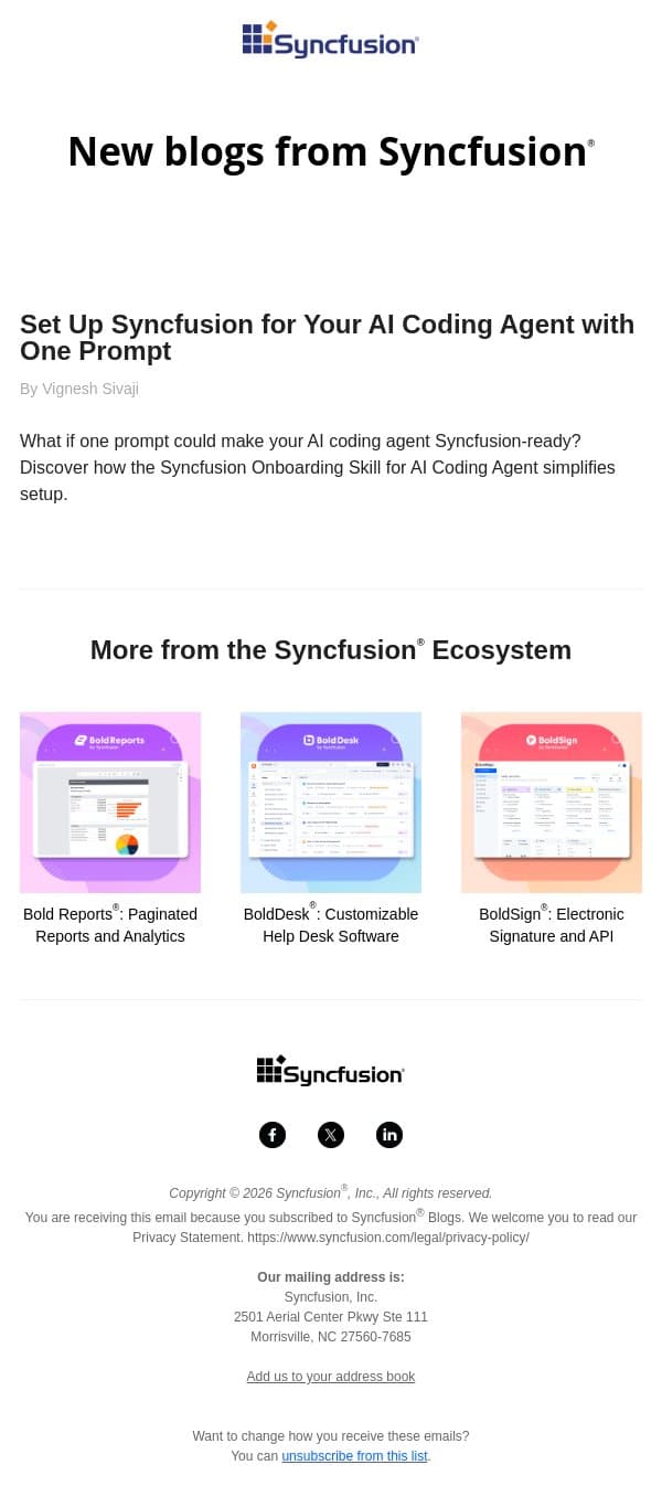 Post from Syncfusion Blogs on 09/11/2026 email from Syncfusion screenshot