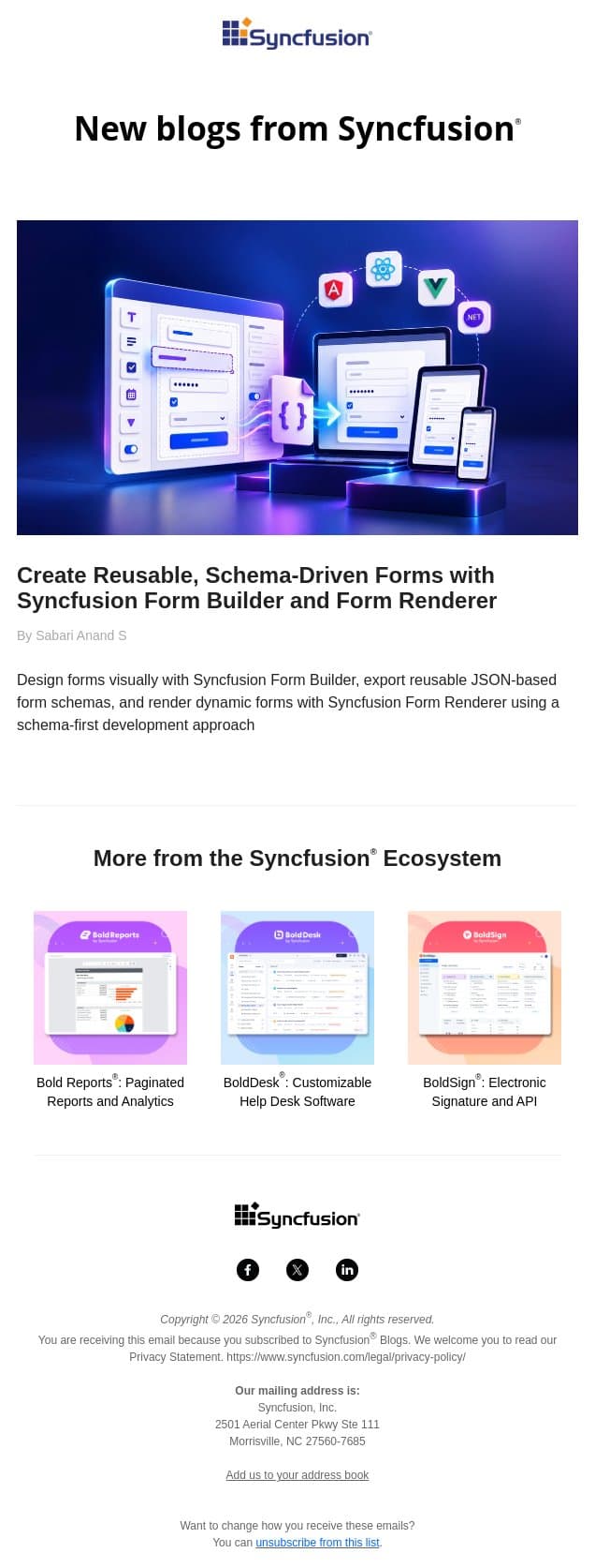 Post from Syncfusion Blogs on 10/15/2026 email from Syncfusion screenshot