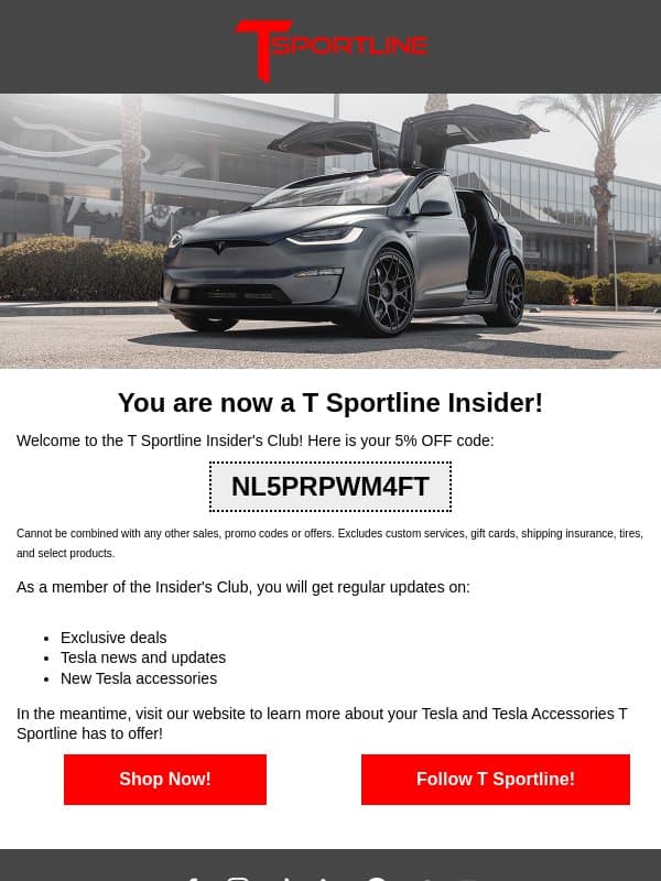 Here is your 5% Off! Thanks for signing up! email from T Sportline