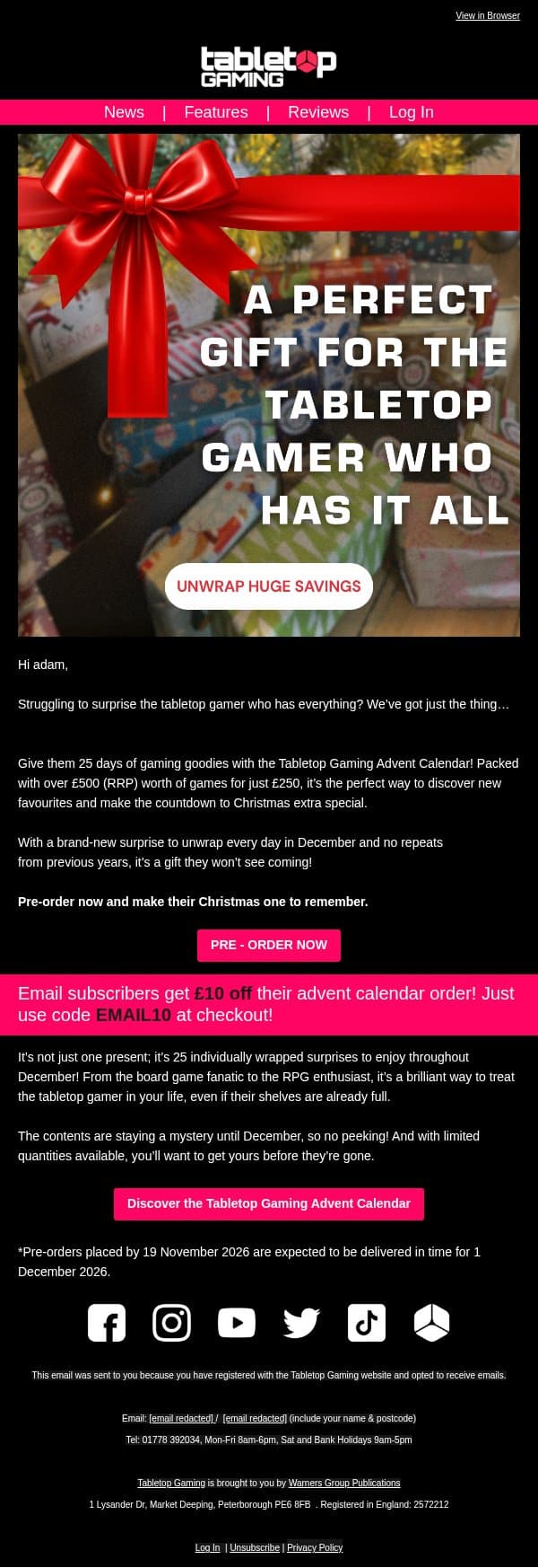 Surprise the tabletop gamer who has everything! email from Tabletop Gaming screenshot
