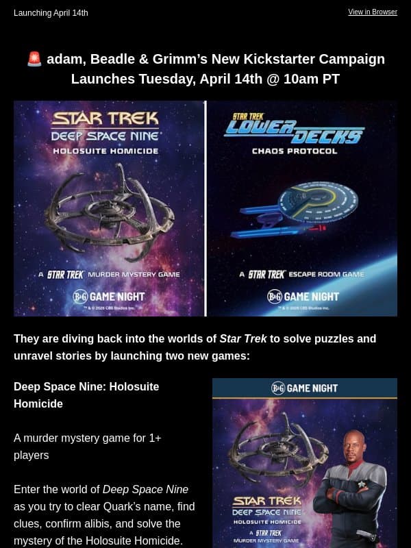 New Star Trek Murder Mystery and Escape Room Games email from Tabletop Gaming