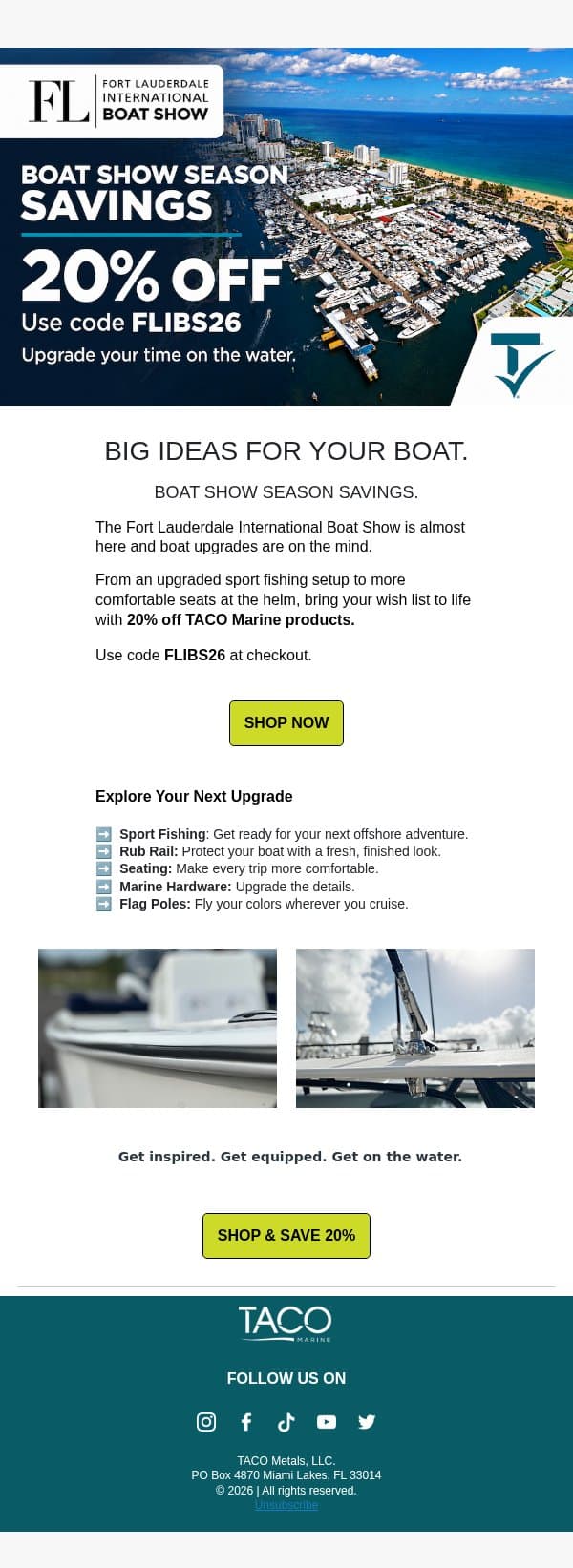 FLIBS 2026 Savings: 20% Off Awaits You! email from TACO Marine screenshot