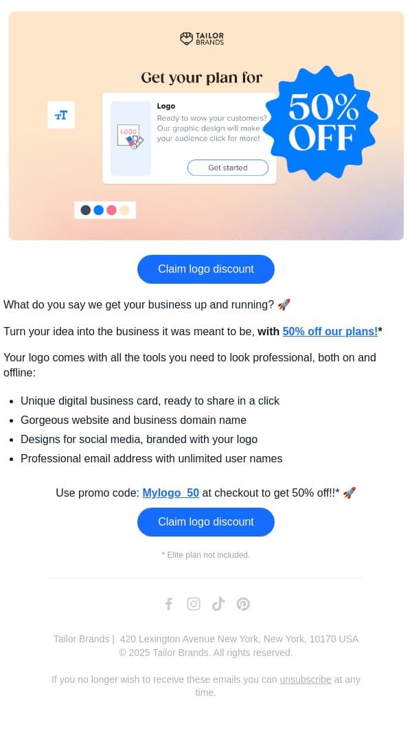 Because your business deserves a chance 🚀 email from Tailor Brands screenshot