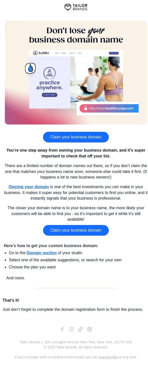 Your.com domain might be available! email from Tailor Brands screenshot