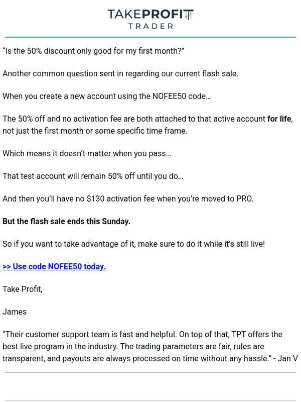 Question About The Flash Sale email from Take Profit Trader