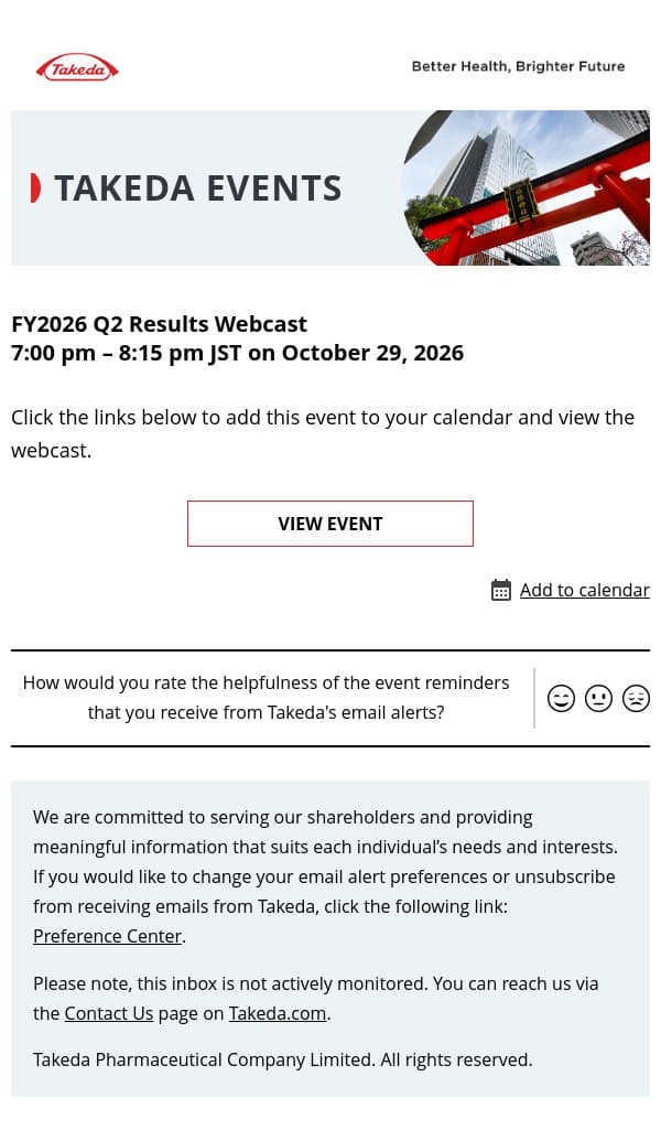 FY2026 Q2 Results Webcast email from Takeda Pharmaceutical screenshot