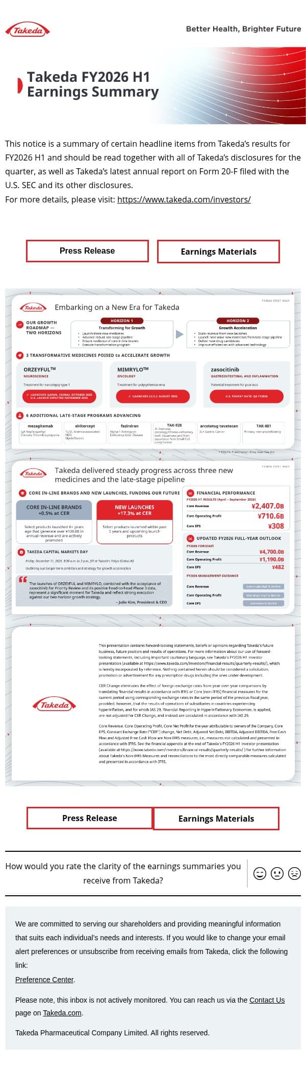 Takeda FY2026 H1 Earnings Summary email from Takeda Pharmaceutical screenshot