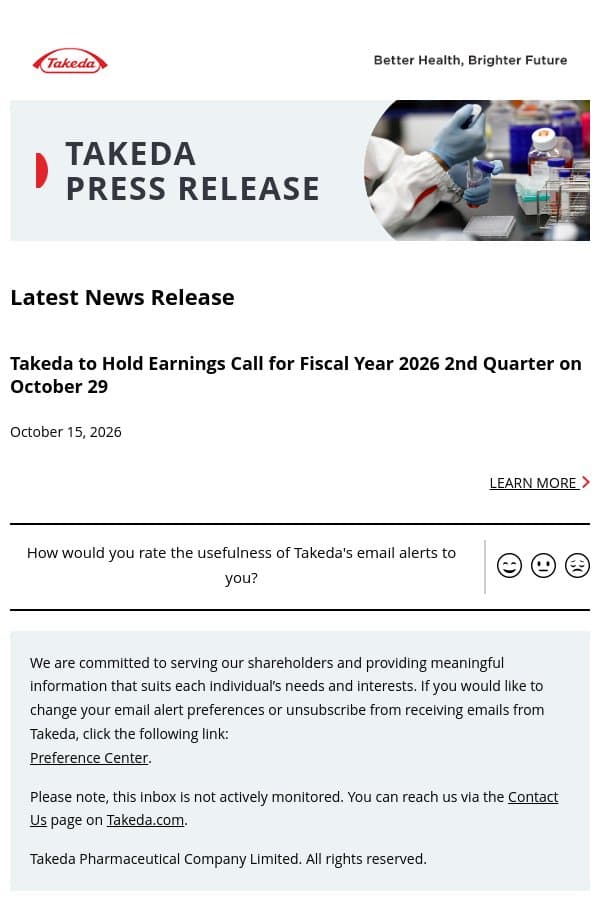 Takeda to Hold Earnings Call for Fiscal Year 2026 2nd Quarter on October 29 email from Takeda Pharmaceutical screenshot