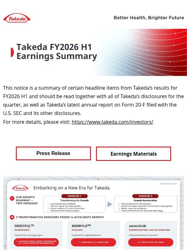 Takeda FY2026 H1 Earnings Summary email from Takeda Pharmaceutical