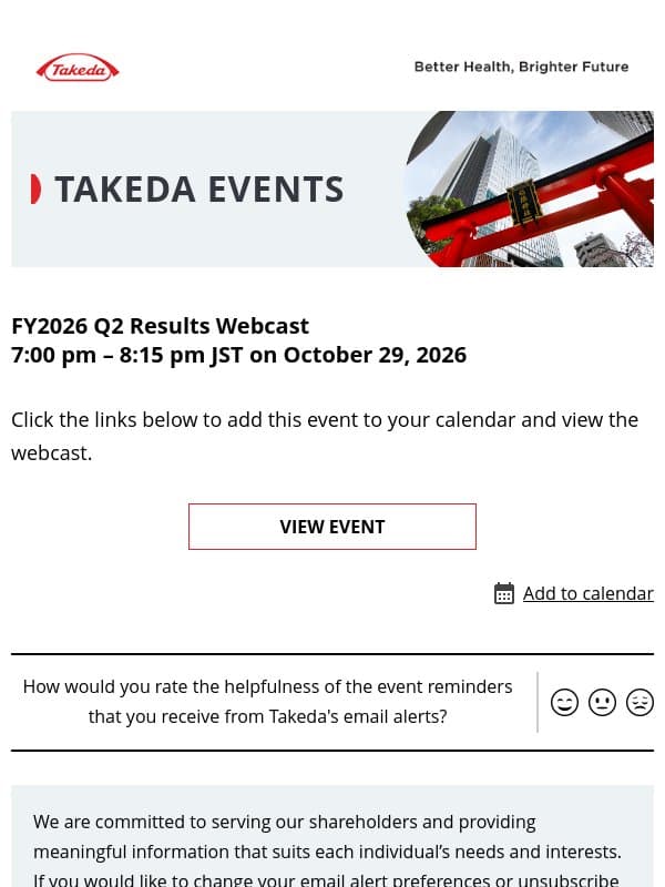 FY2026 Q2 Results Webcast email from Takeda Pharmaceutical
