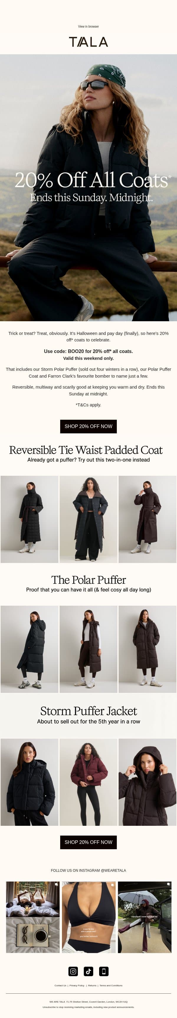 20% OFF ALL COATS THIS WEEKEND email from TALA screenshot
